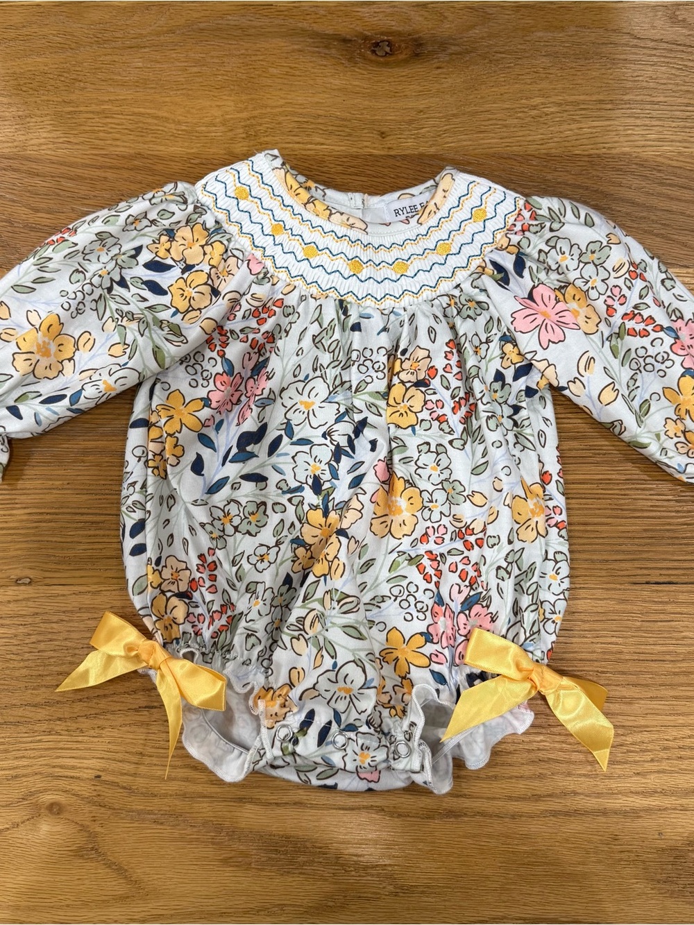 Smocked Floral Baby Romper with Yellow Bows